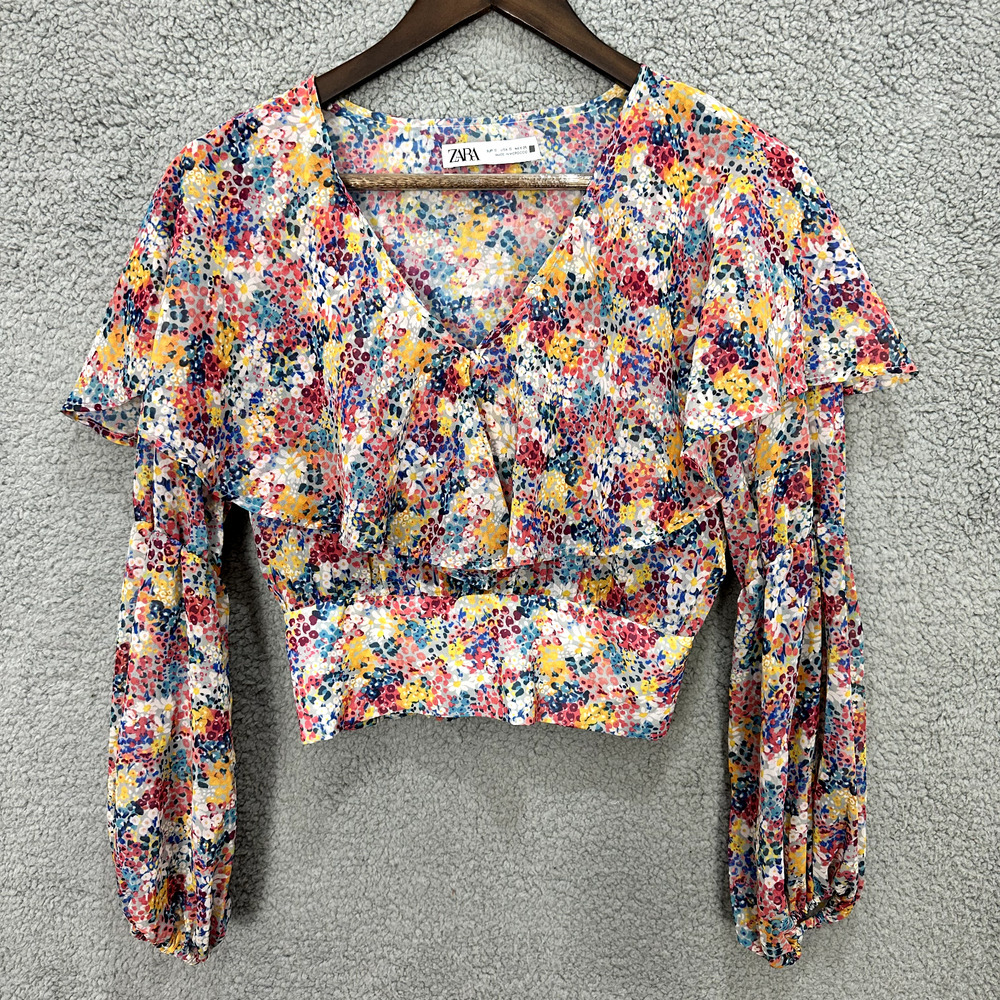 Zara Boho Crop Top Womens Small Ditzy Floral Smocked Long Sleeve Ruffle Cottage